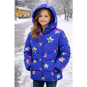 Girls Blue Puffer Jacket Hooded Rainbow Star Print Size L 10–12